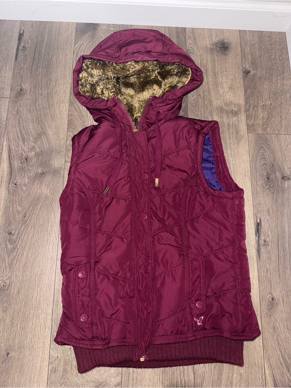 American Eagle Outfitters Wine Quilted Hooded Vest with Faux Fur Hood Lining